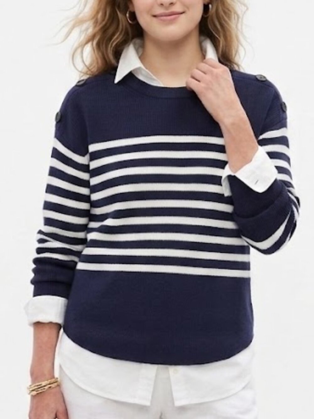 Gap Breton Nautical Striped Button Shoulder Sweater Navy White Size M